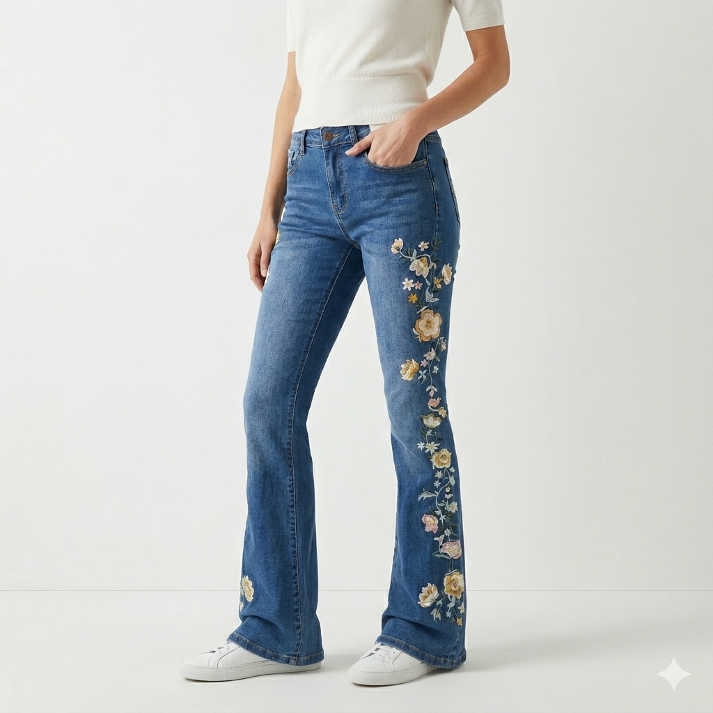 Nwt Bamboo Floral Flare Embroidered Jeans 27 Medium Wash Y2k
